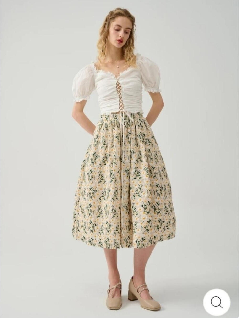 Women's Linen Floral Embroidered Gathered Skirt With Zipper & Pockets - Picture 2 of 4